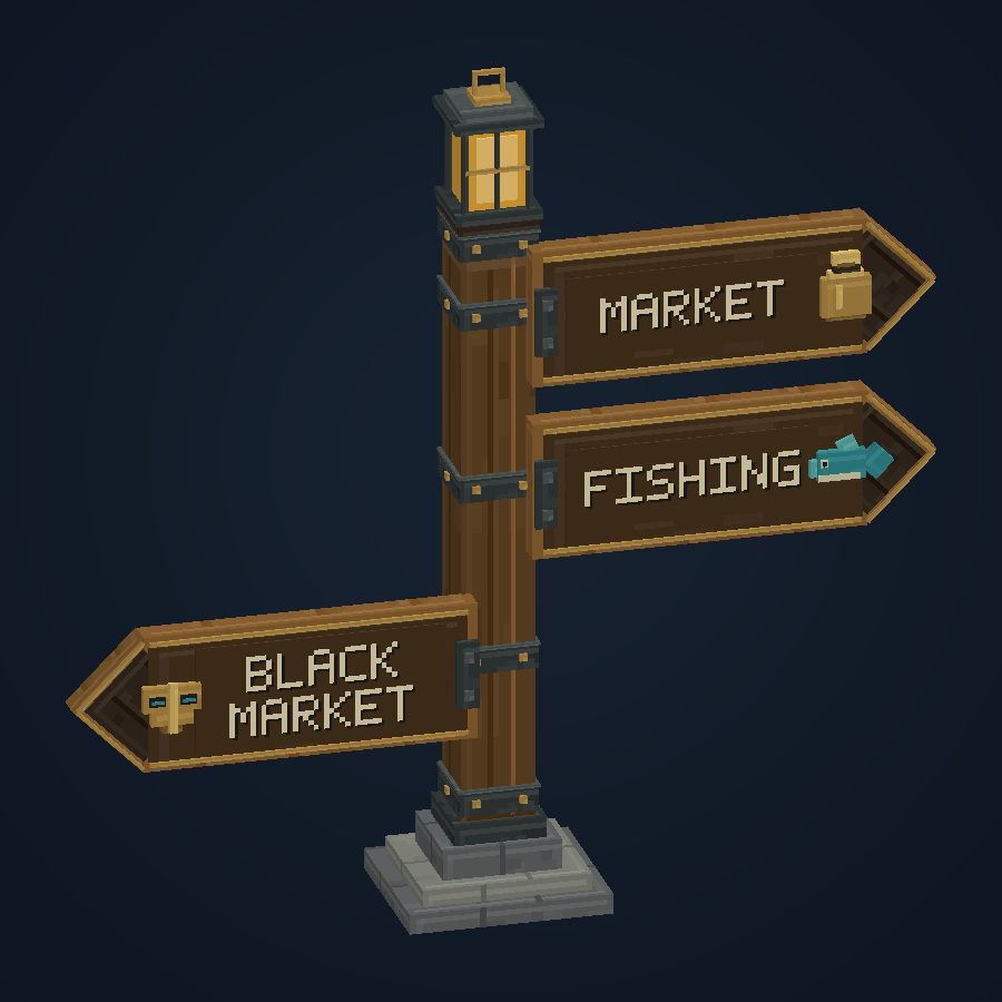 Eden Crossroads signpost with Market, Fishing and Black Market arrows