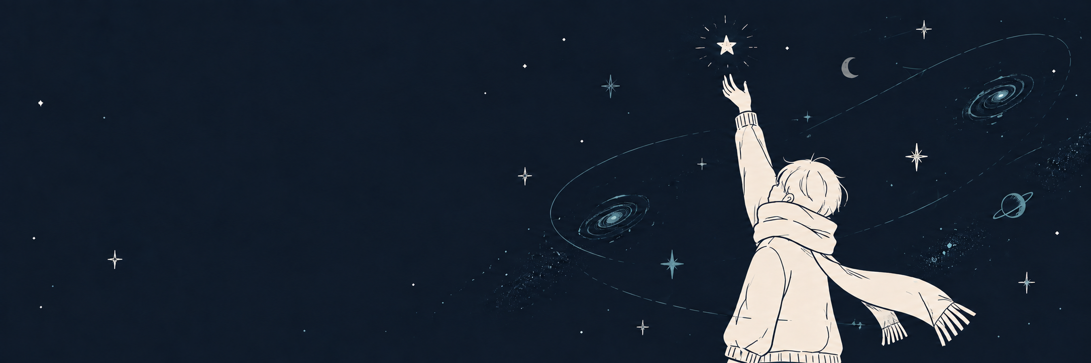 A cartoon stargazer reaching for a star among blue galaxies
